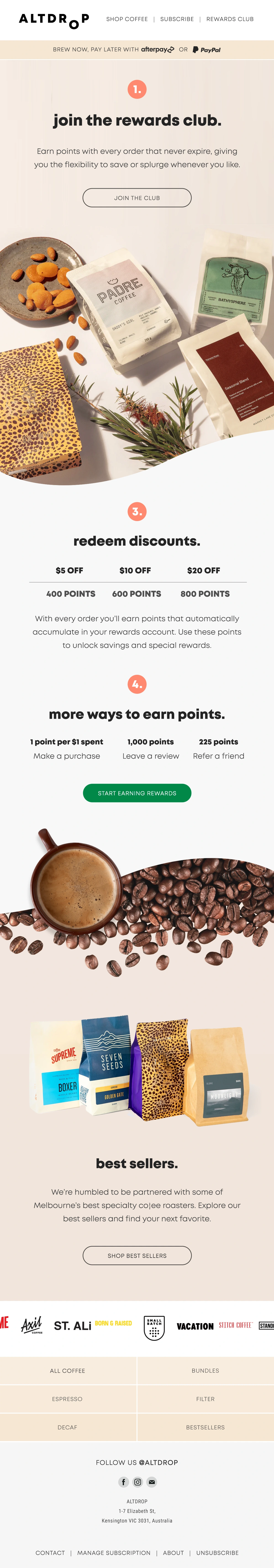 Aesthetic email design for a coffee brand featuring their rewards club benefits.